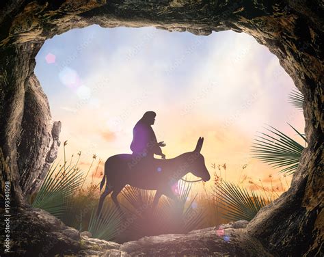 Palm Sunday Concept Silhouette Jesus Christ Riding Donkey With Tomb