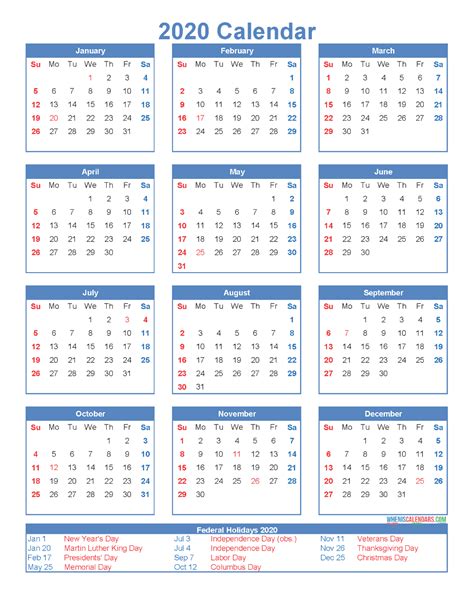 Free Printable 12 Month Calendar 2020 With Holidays Free Printable 2020 Calendar Templates