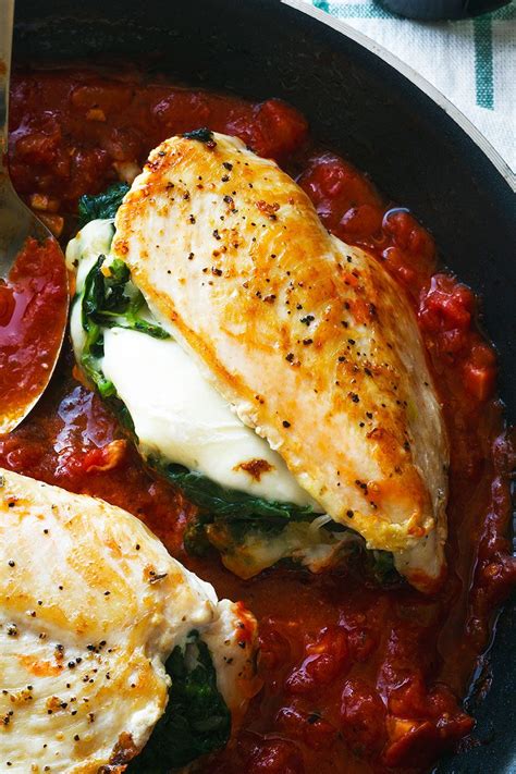 Familiar flavors and a single skillet yield easy chicken dinner perfection. Stuffed Chicken Breast with Mozzarella and Spinach ...