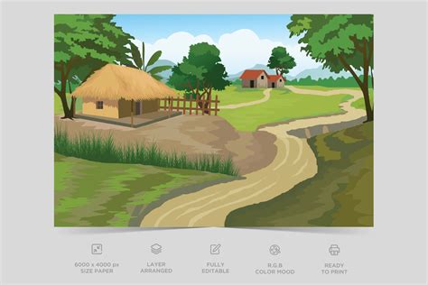 Indian Village Background Illustration Rural Mountain Landscape And