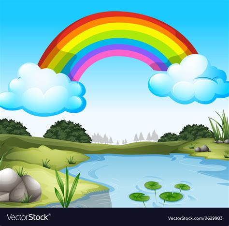 A Beautiful Scenery With Rainbow In The Sky Vector Image