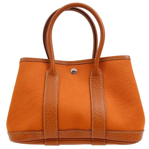 Hermes Orange Leather Canvas Top Handle Satchel Small Tote Bag In Box