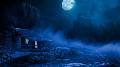 House Night Full Moon Fantasy Lake Flowing On Side 5k Wallpaper 4k