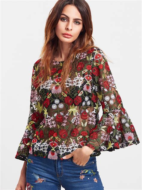 Shein Multicolor Bell Sleeve Flower Embroidered Mesh Top Blouses For