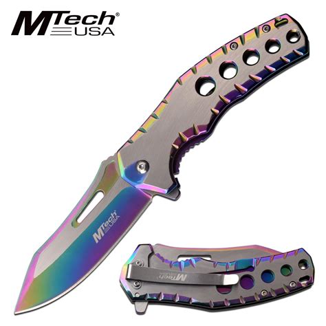 Mtech Five Hole Pocket Knife Rainbow Satin Spring Assisted Knife