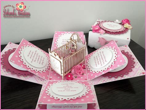Our baby shower in a box is guaranteed to take the headache out of planning an elegant baby shower and save you time and effort. Baby Girl Exploding Box Card with Cot | Baby shower card box diy, Exploding box card, Pop up box ...