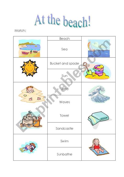 At The Beach Matching Exercise Esl Worksheet By Frosty