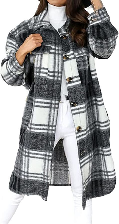 Plaid Trench Coat Womens Button Down Fall Shackets Long Sleeve Trendy