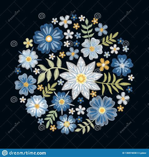 Embroidery Round Pattern With Beautiful Blue Flowers Floral Circle