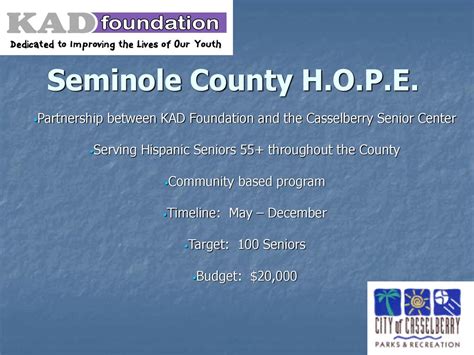 Seminole County Hope Partnership Between Kad Foundation And The Casselberry Senior Center