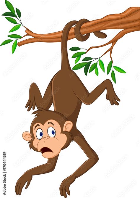 Cartoon Monkey Hanging On The Tree Branch With His Tail Stock Vector