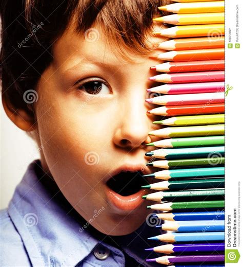 Little Cute Boy With Color Pencils Close Up Smiling Education F Stock