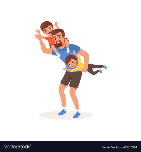 Tired Father Playing With His Sons Parenting Vector Image