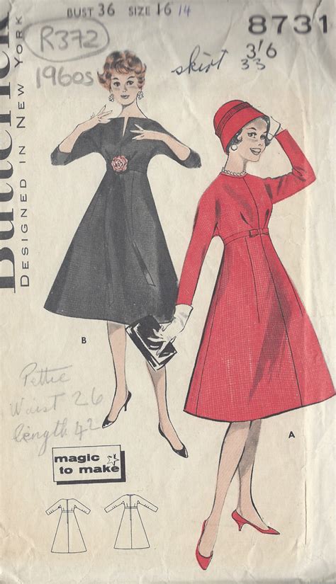 Misses Dress Size 14 Bust 36 Butterick 5301 Vintage 1960s Sewing