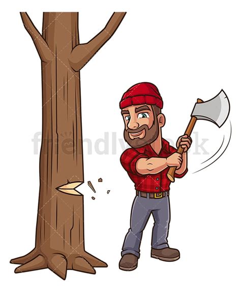 Lumberjack Cutting Down Tree Cartoon Clipart Vector Friendlystock