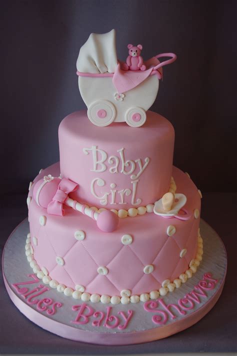 Fondant Baby Girl Shower Cake With 3d Stroller Rattle And Pacifier In