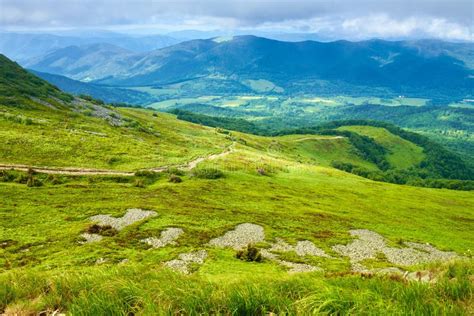 Mountains Panorama Green Meadow Mountainside Landscape Stock Photo