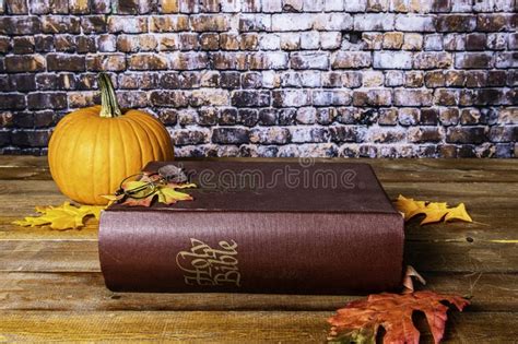 Reading Bible On Fall Day Orange Pumpkin And Autumn Leaves Stock Image