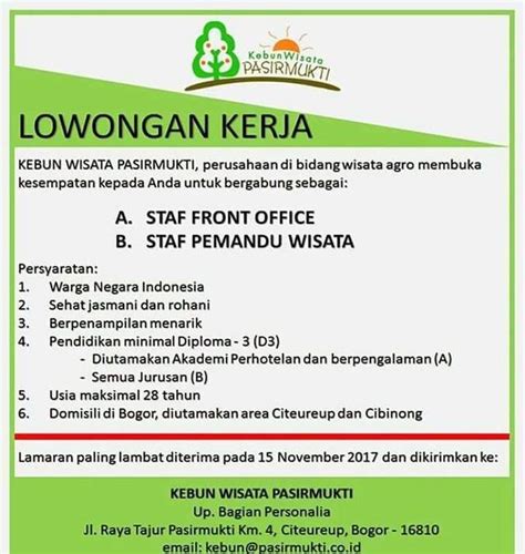 Taspen (persero) jika anda tertarik dan sesuai dengan kualifikasi lowongan. Lowongan Kerja Di Bogor