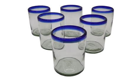 buy mexican glassware rocks glasses hand blown tumbler set of 6 with a cobalt blue rims