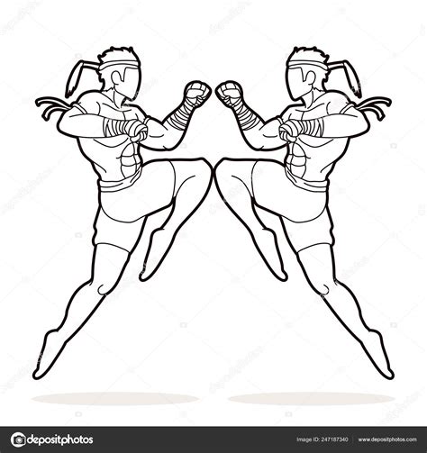 Muay Thai Action Thai Boxing Jumping Attack Cartoon Graphic Vector