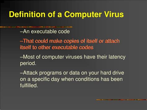 When a virus program is executed, it replicates itself by modifying other computer programs and instead enters its own coding. PPT - Computer Viruses & Other Malware PowerPoint ...