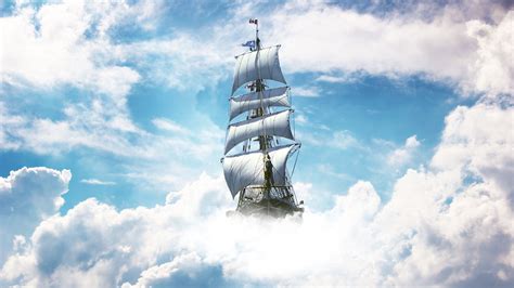White Sail Boat Ship Sky Clouds Sailing Ship Hd Wallpaper