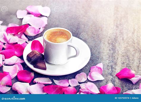 Coffee Cup And Pink Roses Petals Pattern Flat Lay Top View Stock