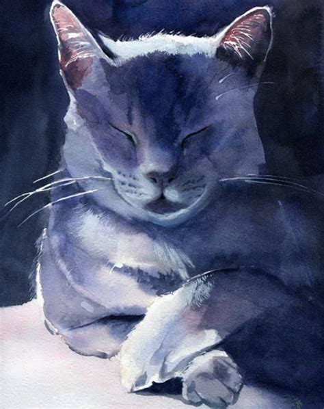 Grey Gray Cat Russian Blue Art Print Of Watercolor Painting Etsy