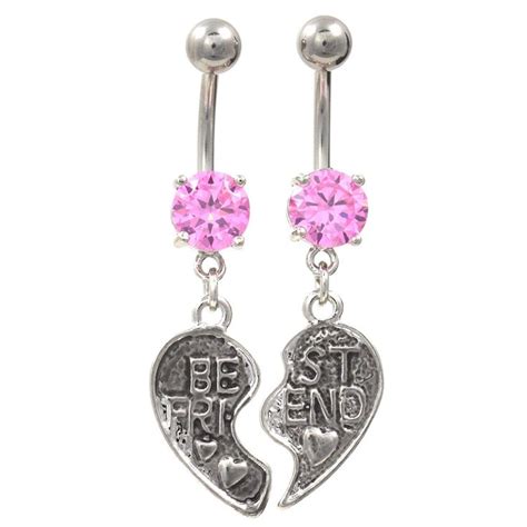 Pair 2 Best Friends Heart Pink Cz Belly Navel Ring Charms Bff Set