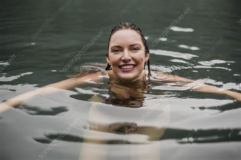 Portrait Woman Swimming In Lake Stock Image F Science