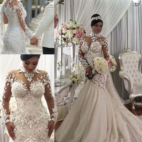 Azzaria 2021 Plus Size Mermaid Applique Wedding Dress With Illusion Long Sleeves High Neck And