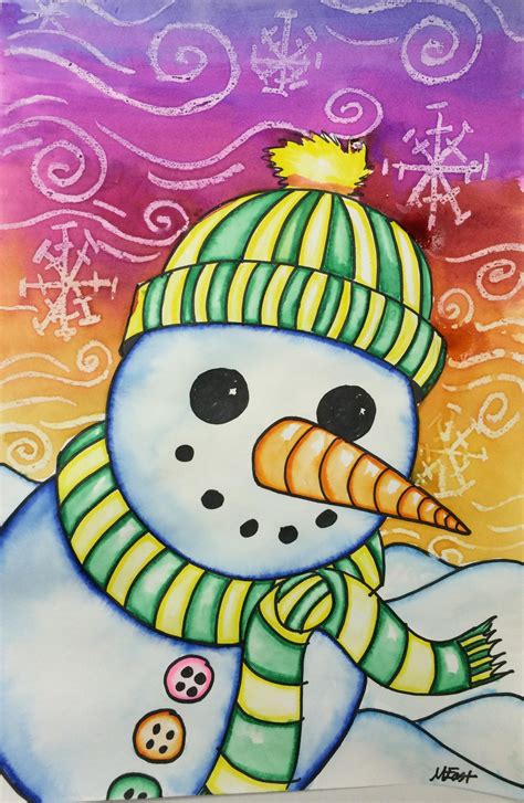 Snowman Painting With Markers And Watercolor Resist Winter Art Lesson