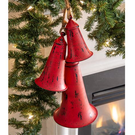 Large Red Metal Christmas Bells In Vintage Farmhouse Style Set Of Three