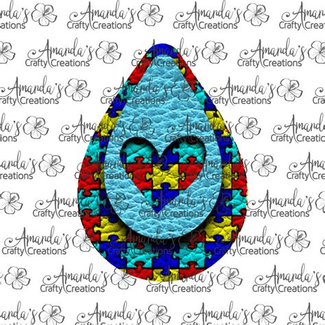 Aqua Autism Puzzle Heart Cutout Teardrop Earring Sublimation Design H