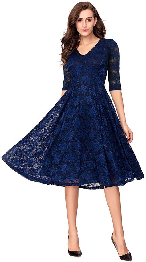 Noctflos Womens 34 Sleeves Lace Fit And Flare Midi Cocktail Dress For