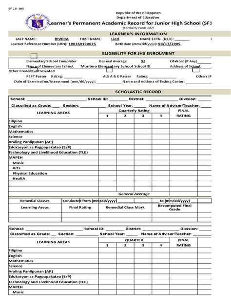 School Form 10 Sf10 Learners Permanent Academic Record For Junior High