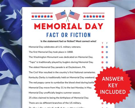 Memorial Day Fact Or Fiction Patriotic Games Memorial Day Etsy