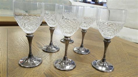 Beautiful Set Of 6 Vintage Crystal Wine Glasses With Silver Plated Stems Wedding Celebration