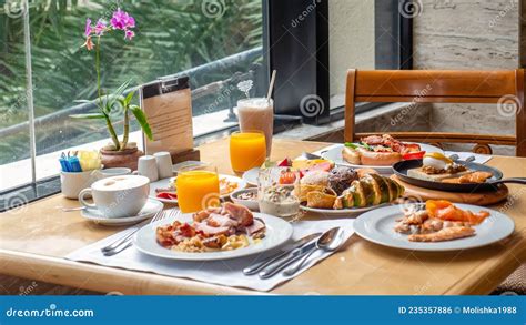 Breakfast In Luxury Hotel Table Full Various Food From Buffet In