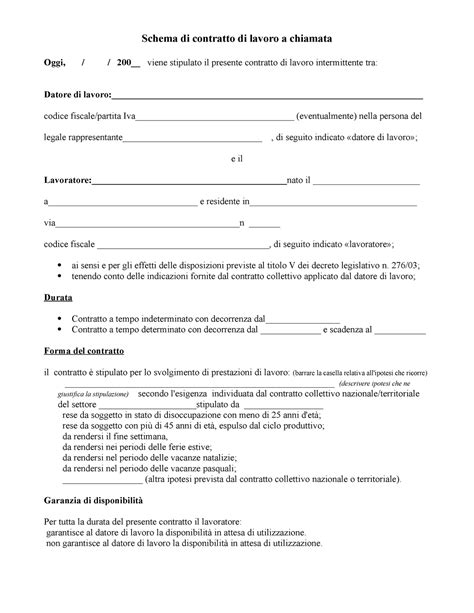 Fac Simile Contratto Lavoro A Chiamata Schema Di Contratto Di Lavoro