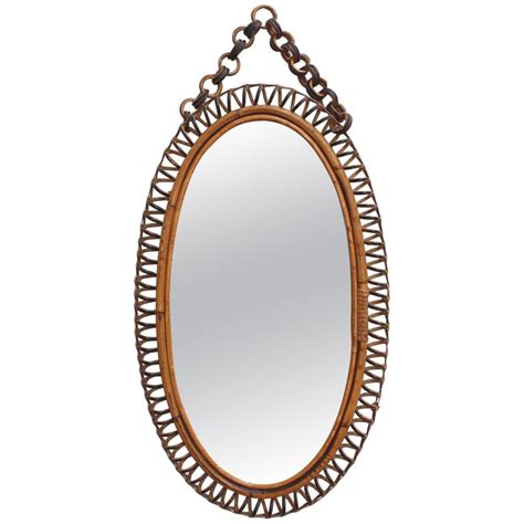May only be leaned against a wall; Italian Oval-Shaped Rattan Wall Mirror with Hanging Chain ...