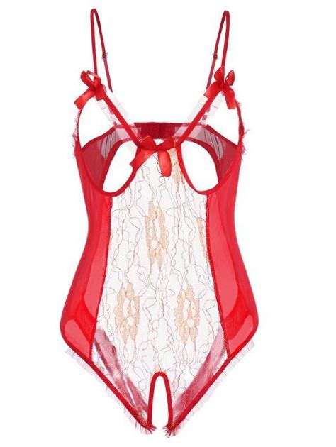 2019 Cupless Plus Size Mesh Panel Teddy In Red 1x