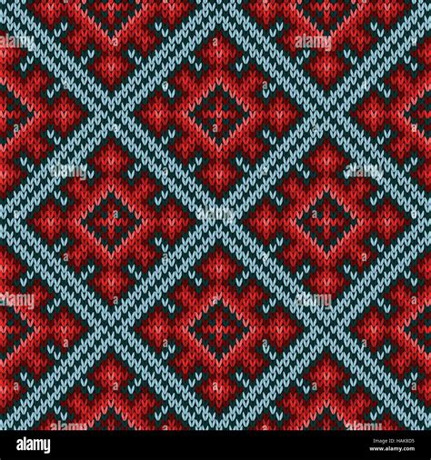 Knitted Geometric Motley Background Mainly In Red And Blue Hues