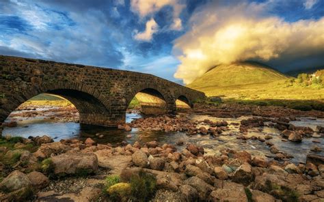Wallpaper Scotland Isle Of Skye Bridge Stones Clouds 1920x1200 Hd