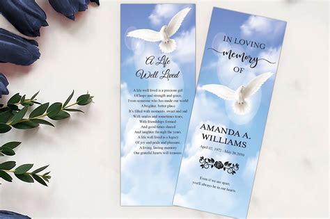 Editable Funeral Bookmark Template Blue Sky White Dove - Etsy