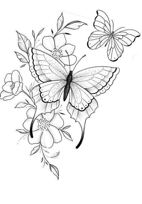 Butterfly Drawing Black And White Butterflies Flying Over Flowers