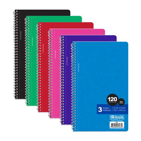 Bazic Notebook Wide Ruled 3 Subject Spiral 120 Sheets Spiral Notebooks