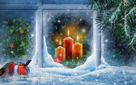 Download Bird Light Candle Snow Window Holiday Christmas Wallpaper