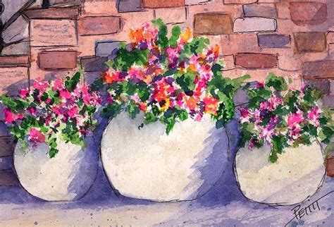 Colorful Flowers In White Pots Watercolor Print Etsy Watercolor